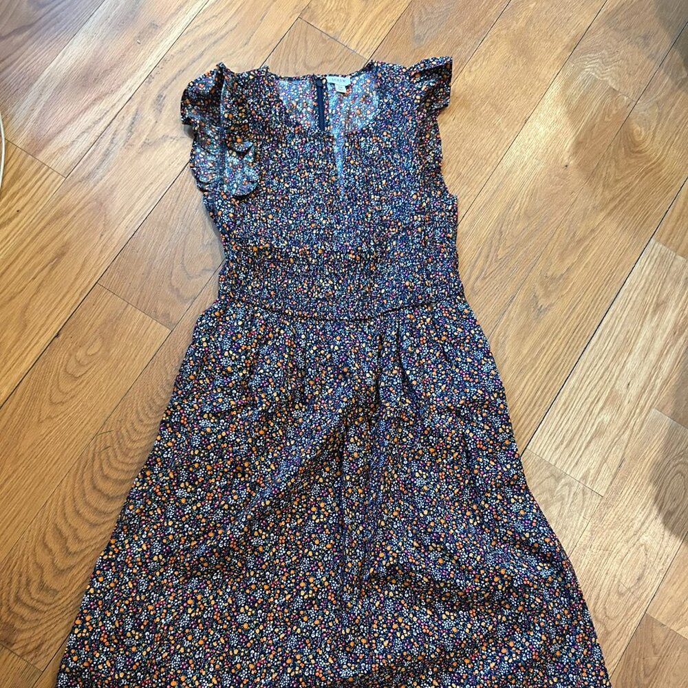 J Crew floral midi dress with ruffle details